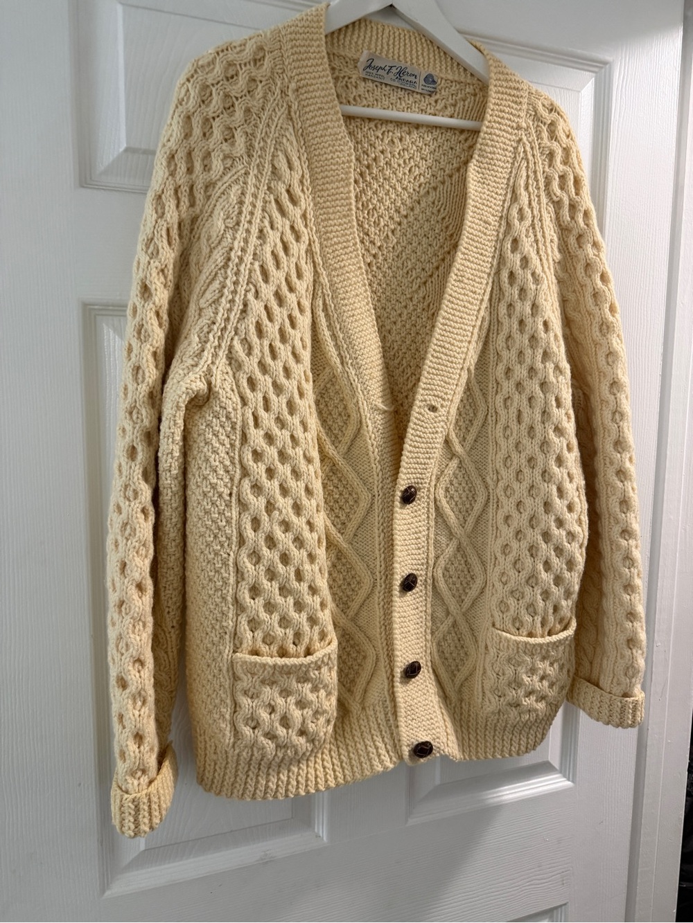 Joseph F. Heron Handknit Wool Cardigan - Soft Cream 100% wool vintage hand knit
